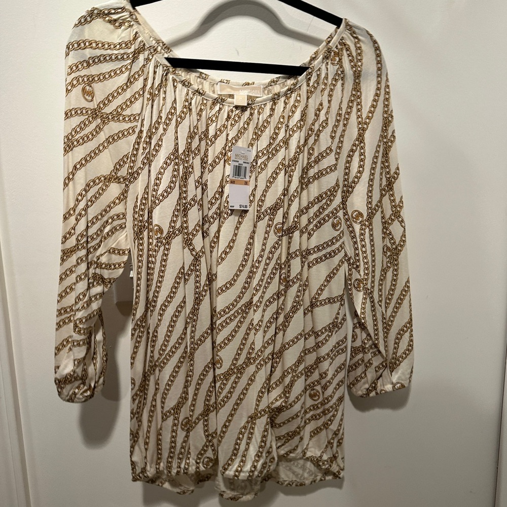 NEW Michael Kors Cream Blouse with Gold Chain Print 2X